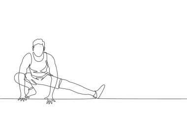 Sporcu bir gencin spor salonunda bacağını esnetirken sürekli çizdiği bir çizgi. Sağlıklı spor konsepti. Dinamik tek çizgi çizim vektör çizimi grafiği
