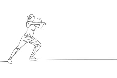 Sportif genç bir kadının spor salonu merkezinde esneme ve ısınma hareketleri. Sağlıklı spor konsepti. Dinamik tek çizgi çizimi tasarım vektörü illüstrasyonu