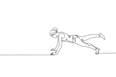 Genç enerjik kadın egzersiz çizimlerinden bir tanesi spor salonu kondisyon merkezi vektör çiziminde yükseliyor. Sağlıklı yaşam tarzı spor konsepti. Modern sürekli çizgi çizimi tasarımı
