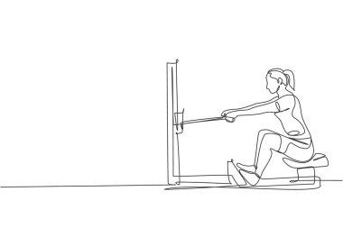 Spor salonu fitness merkezi vektör illüstrasyonunda addüktör makinesini çekmeye odaklanan enerjik bir kadının tek çizgi çizimi. Sağlıklı yaşam tarzı spor konsepti. Modern sürekli çizgi çizimi tasarımı