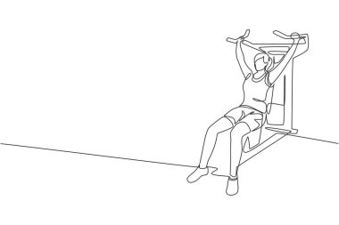 Spor salonu klubünde çekiç gücü makinesiyle antrenman yapan genç bir kadının sürekli çizimi. Spor esneme konsepti. Bir satır çizimi tasarım vektörü illüstrasyonu
