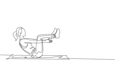 Spor yapan genç bir kadının spor salonundaki spor salonunda sürekli yerde oturduğu bir çizim. Sağlıklı spor konsepti. Dinamik tek çizgi çizimi tasarım vektörü illüstrasyonu