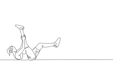 Genç ve enerjik kadın egzersizlerinin tek çizgi çizimi bacağını kaldırması ve baldırı spor salonu kondisyon merkezi çiziminde tutması. Sağlıklı yaşam tarzı spor konsepti. Modern sürekli çizgi çizimi tasarımı