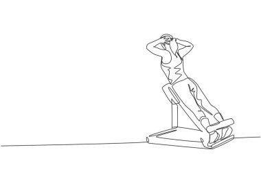 Spor salonundaki spor salonunda göğüs presi yapan genç bir kadının sürekli çizdiği bir çizgi. Sağlıklı spor konsepti. Dinamik tek çizgi tasarım grafik vektör çizimi