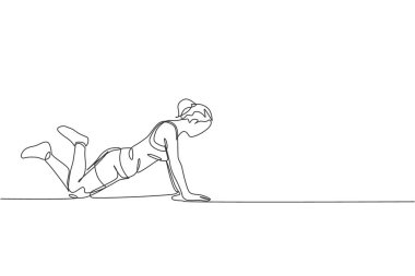 Genç ve enerjik bir kadının tek çizgi çizimi pilates yaparken spor salonu kondisyon merkezi vektör illüstrasyonunda poz vermesi. Sağlıklı yaşam tarzı spor konsepti. Modern sürekli çizgi çizimi tasarımı