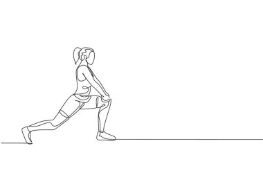 Spor salonu fitness merkezi vektör ilüstrasyonunda sıralı pozla esneyen enerjik bir kadın egzersizi çizen tek bir çizgi. Sağlıklı yaşam tarzı spor konsepti. Modern sürekli çizgi çizimi tasarımı