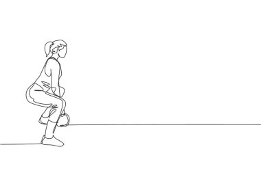 Spor salonundaki spor salonundaki kettlebell 'i kaldırırken sürekli çizilen bir çizim. Sağlıklı spor konsepti. Dinamik tek çizgi tasarım grafik vektör çizimi