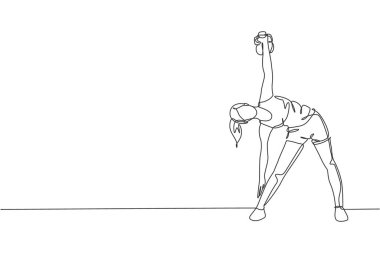 Sportif genç bir kadının spor salonunda sürekli hareketli yel değirmeni pozu verdiği bir çizgi. Sağlıklı spor konsepti. Dinamik tek çizgi çizimi tasarım vektörü illüstrasyonu