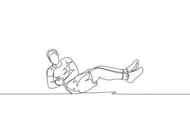 Egzersiz yapan mutlu bir gencin sürekli çizdiği tek çizgi. Spor merkezinde spor salonunda Rus hareketliliği. Spor antrenmanı konsepti. Moda bir çizgi tasarım vektörü grafik çizimi