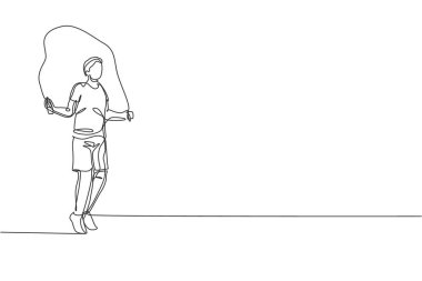 Spor merkezindeki spor salonunda ip atlayan genç bir adamın sürekli çizdiği çizim. Spor antrenmanı konsepti. Bir satır tasarım grafik vektör illüstrasyonu