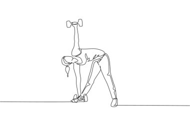 Genç kadın eğitiminin kesintisiz çizimi. Spor salonunda yel değirmeni pozu. Sağlıklı spor yaşam tarzı konsepti. Esneme ve egzersiz. Dinamik tek çizgi tasarım vektörü