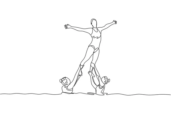 年轻女运动员的单行连续画线表演优美的同步游泳舞蹈 团体水上运动比赛的概念 趋势单行绘图设计矢量插图 — 图库矢量图片