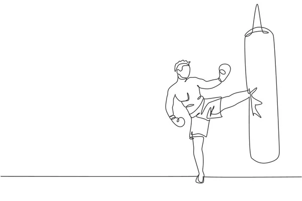 Dessin Ligne Continue Unique Jeune Homme Sportif Kickboxer Côté Exercice — Image vectorielle