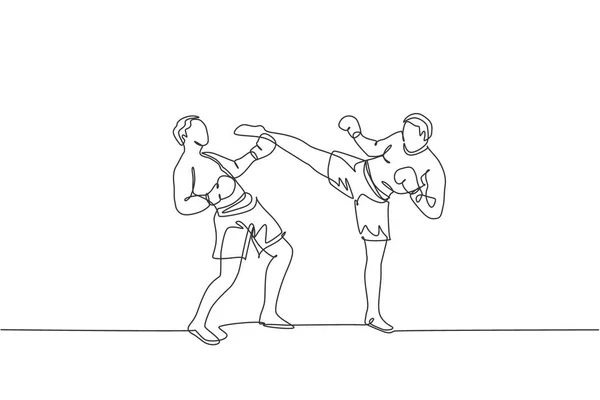 Una Sola Línea Dibujo Hombre Joven Enérgico Kickboxer Práctica Pelea — Archivo Imágenes Vectoriales