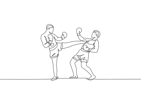 Single Continuous Line Drawing Young Sportive Man Kickboxer Fighting Champion — Stock Vector