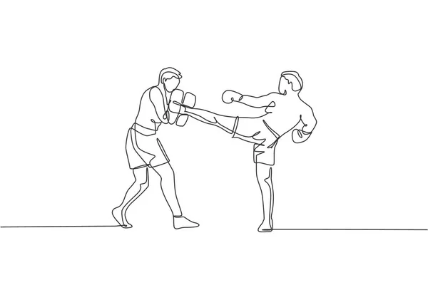 Dessin Ligne Unique Continu Jeune Homme Sportif Kickboxer Exercice Avec — Image vectorielle