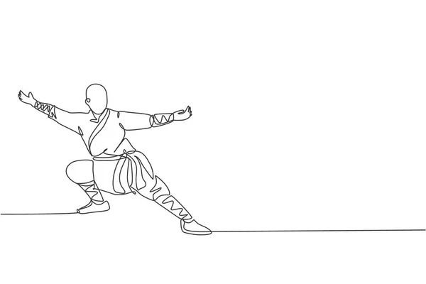 One Continuous Line Drawing Young Shaolin Monk Man Practice Kung — Stock Vector