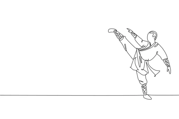 Una Sola Línea Dibujo Joven Shaolin Enérgico Hombre Monje Ejercicio — Vector de stock