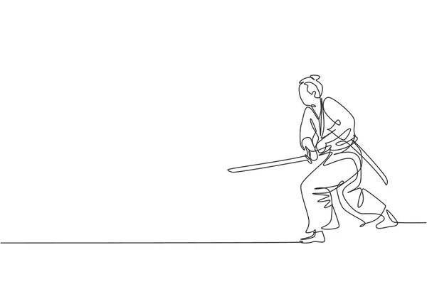 Desenho Uma Única Linha Jovem Guerreiro Samurai Japonês Segurando Espada — Vetor de Stock