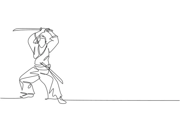 Dibujo Una Sola Línea Continua Joven Guerrero Samurai Fuerte Usando — Archivo Imágenes Vectoriales