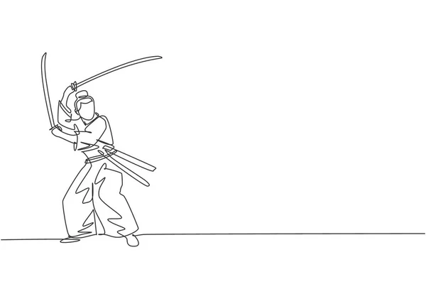 Desenho Linha Contínua Jovem Guerreiro Samurai Bravura Posar Pronto Para — Vetor de Stock