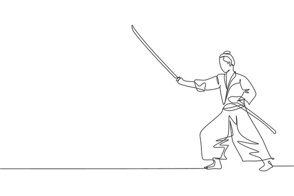 Desenho Linha Contínua Jovem Guerreiro Samurai Bravura Posar Pronto Para —  Vetores de Stock