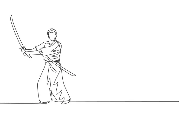 Desenho Uma Única Linha Jovem Guerreiro Samurai Japonês Segurando Espada —  Vetores de Stock