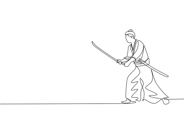 Desenho Linha Contínua Jovem Guerreiro Samurai Bravura Posar Pronto Para —  Vetores de Stock