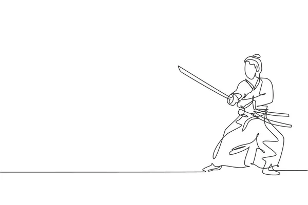 祭りで伝統的な均一な保持剣を身に着けている若い強い武士の単連続線画 古代の戦闘機兵士の概念 トレンド1ラインの図面ベクトルのイラスト — ストックベクタ