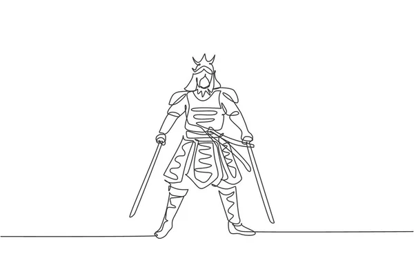 Desenho Uma Única Linha Jovem Guerreiro Samurai Japonês Segurando Espada — Vetor de Stock
