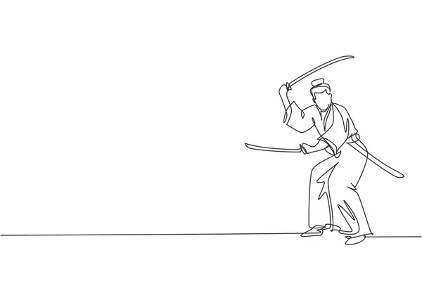 Eine Einzelne Linienzeichnung Eines Jungen Japanischen Samurai Kriegers Mit Katana — Stockvektor