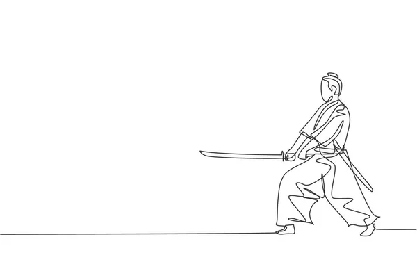 Desenho Uma Única Linha Jovem Guerreiro Samurai Japonês Segurando Espada — Vetor de Stock