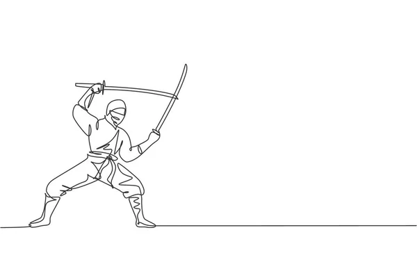Jediná Linie Kreslení Mladých Energických Japonských Tradičních Ninjů Držících Samurajské — Stockový vektor