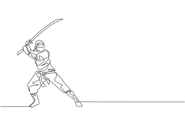 One Single Line Drawing Young Energetic Japanese Traditional Ninja Holding — Stock Vector