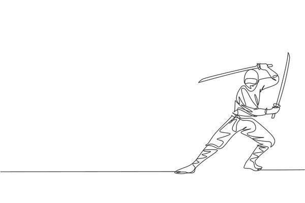 Dessin Ligne Continue Jeune Personnage Ninja Japonais Courageux Sur Costume — Image vectorielle
