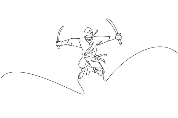 Jednoduchá Kontinuální Kresba Mladé Japonské Kultury Ninja Bojovník Masku Kostým — Stockový vektor