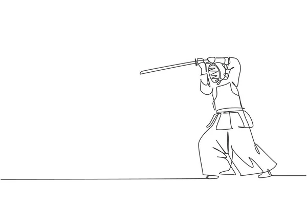 Dessin Ligne Continue Jeune Homme Sportif Formation Kendo Défense Compétences — Image vectorielle