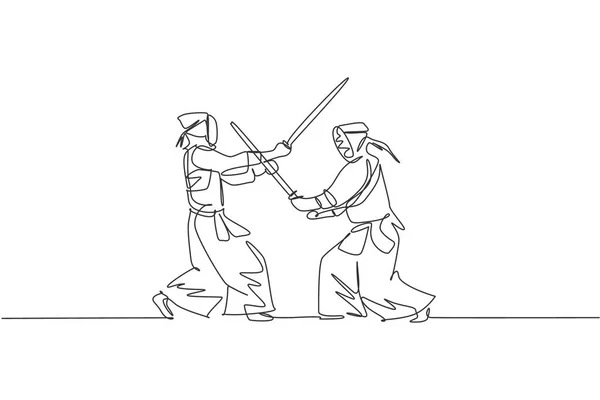 Desenho Linha Contínua Dois Jovens Homens Esportivos Poupar Lutando Kendo —  Vetores de Stock