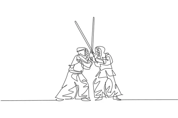 Один Рисунок Линии Двух Молодых Энергичных Мужчин Упражняются Спарринг Бой — стоковый вектор