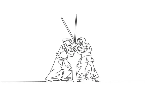 ภาพวาดหน งบรรท ดของชายหน มสองคนท งออกก งกาย Sparring Kendo วยดาบไม ออกก — ภาพเวกเตอร์สต็อก