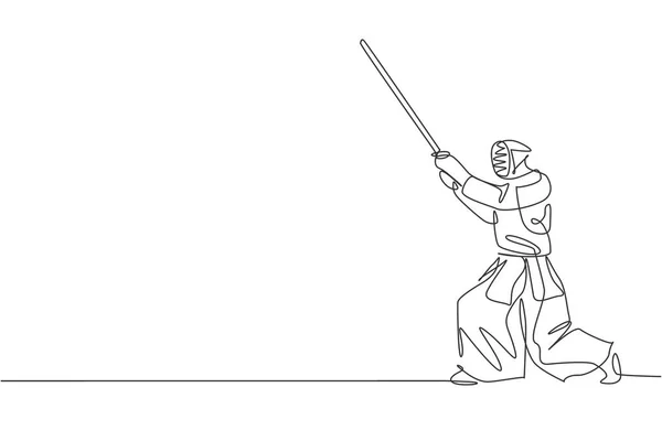 道場中心部で剣道の技に敵の攻撃をブロック若いスポーティーな男の列車を描く1つの連続ライン 健康的な武道のスポーツの概念 ダイナミックシングルライン描画グラフィックデザインベクトルイラスト — ストックベクタ