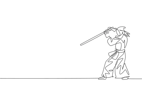 单行画年轻精力充沛的男子练习防守剑法 用木剑在体操中心用图形矢量图解移动 综合格斗运动的概念 现代连续线条绘图设计 — 图库矢量图片