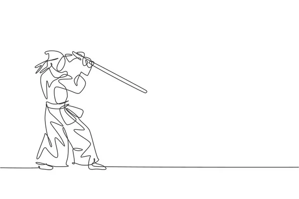 Dessin Unique Ligne Continue Jeune Homme Sportif Pratiquant Kendo Défense — Image vectorielle