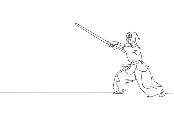 Eine Einzige Linie Zeichnet Junge Energische Mann Üben Angriff Kendo — Stockvektor