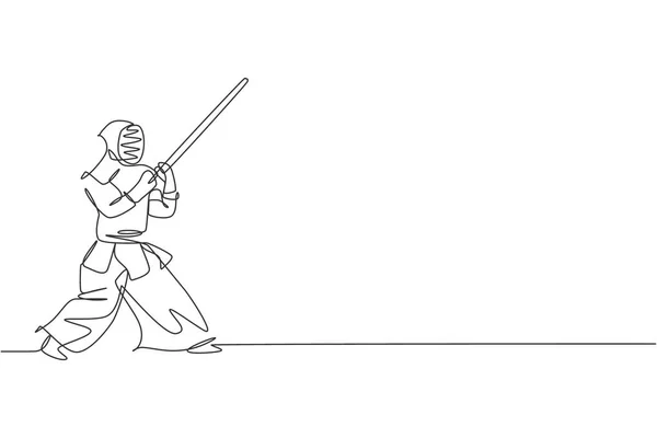 Una Línea Continua Dibujar Joven Deportista Entrenamiento Defensa Kendo Movimiento — Archivo Imágenes Vectoriales