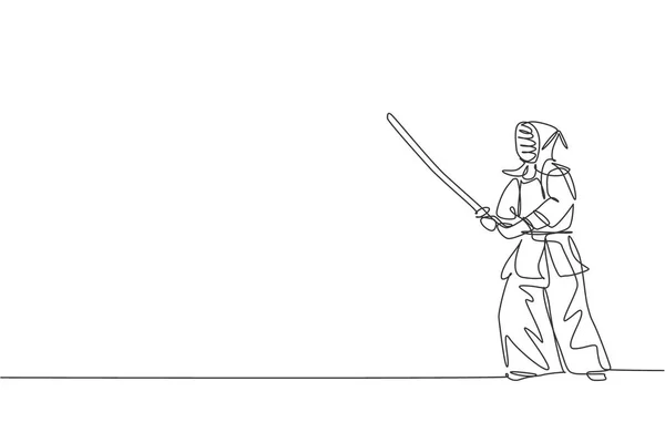 Kendo Pozíciót Gyakorló Fiatal Sportember Folyamatos Vonalrajza Harcművészeti Készséget Jelent — Stock Vector