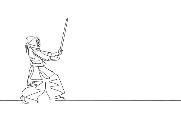 1本の線で体操センターのベクトルグラフィックイラストで木製の剣で若い精力的な男の運動防衛剣道のスキルを描画します 戦闘スポーツの概念 現代の連続線画のデザイン — ストックベクタ