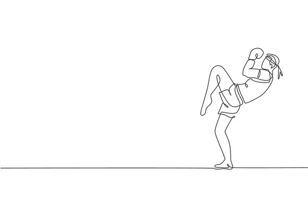 Jednoduché Kontinuální Kreslení Mladého Sportovního Muže Trénink Thajský Box Tělocvičně — Stockový vektor