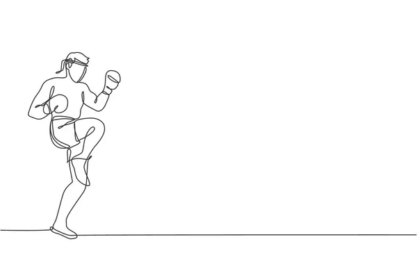 Один Рисунок Линии Молодого Энергичного Муай Тай Бойца Осуществляющего Удар — стоковый вектор