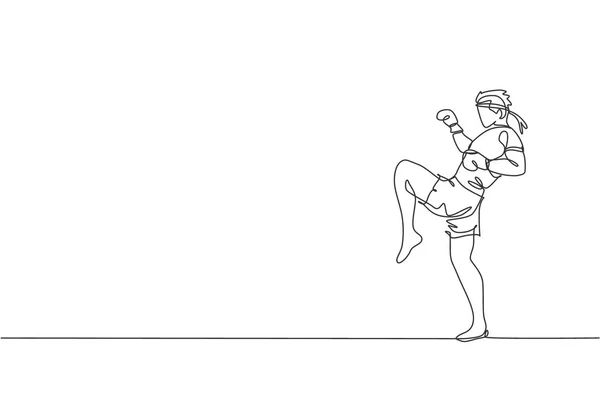 Один Сплошной Рисунок Линии Молодого Спортсмена Муай Тай Боксера Готовящегося — стоковый вектор